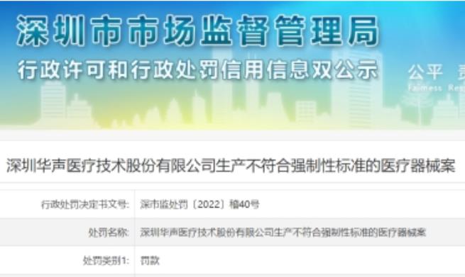 华声医疗深圳违法被罚 生产不符合强制性标准医疗器械